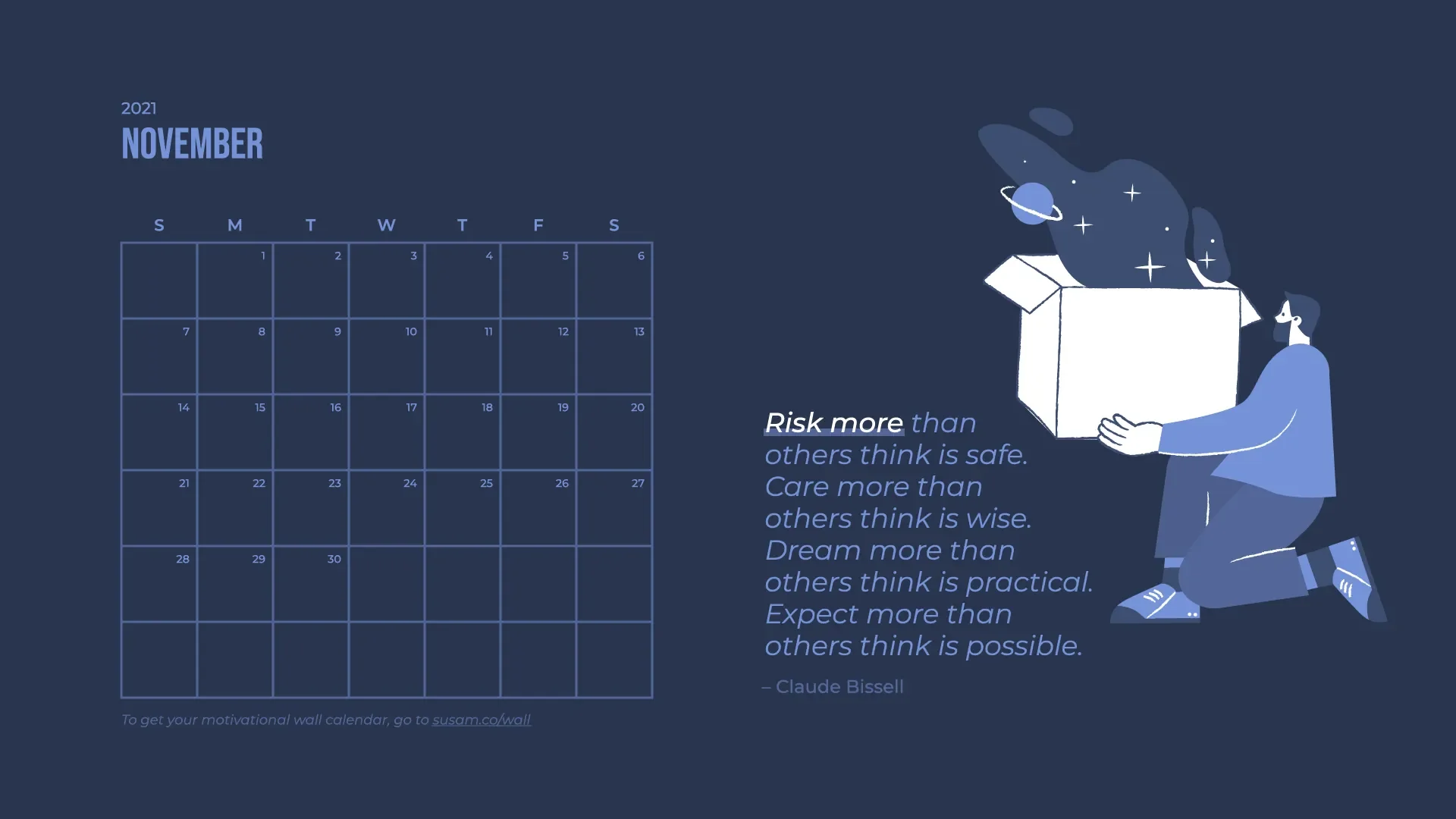 A calendar with an illustration of a man carrying a box.