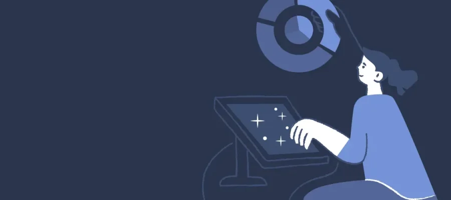 susam A person with long hair sits at a desk, using a touchscreen computer with sparkling icons. Above them is a circular graphic resembling a pie chart. The image uses flat, dark blue and light blue tones, giving a modern, digital feel.