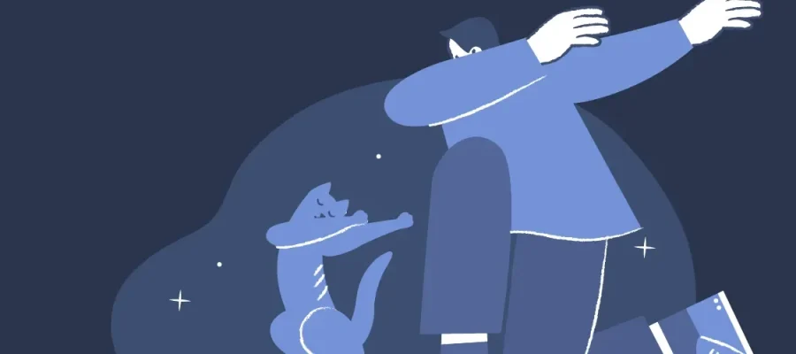 susam A stylized illustration shows a person kneeling with arms open wide, embracing a dog standing on its hind legs. The scene uses blue tones, with soft shapes and a night-sky background featuring small stars, conveying warmth and companionship.