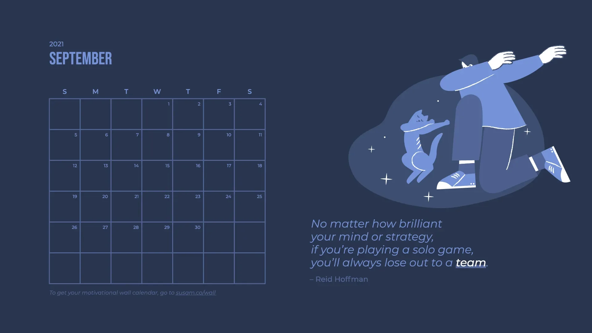 A calendar with an illustration of a man and a dog.