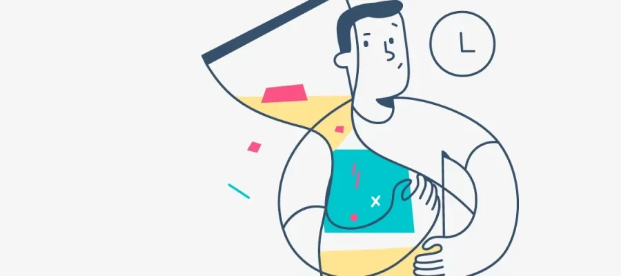 susam A stylized illustration of a person merged with an hourglass, yellow sand flowing inside. The person appears anxious, holding their abdomen. A circular clock icon with the letter "L" is beside their head. Colorful geometric shapes float around the figure.