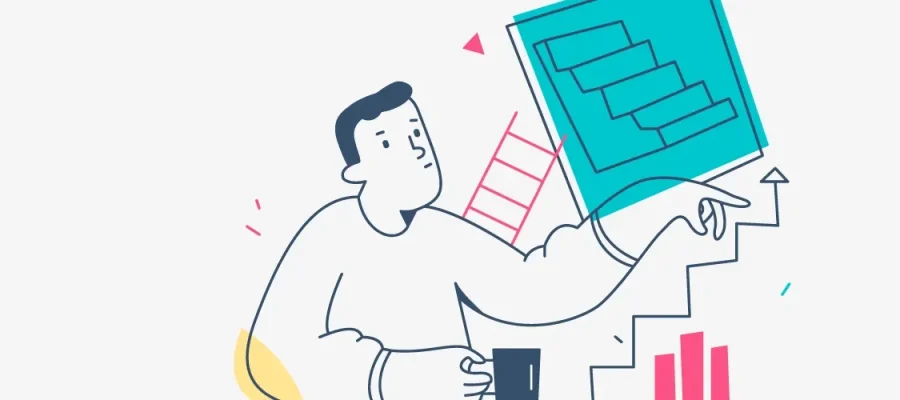 susam Minimalist illustration of a person holding a large teal clipboard with a checklist, surrounded by abstract elements like arrows, a ladder, and bar charts, symbolizing goal setting, progress, and organization. The background is white and uncluttered.