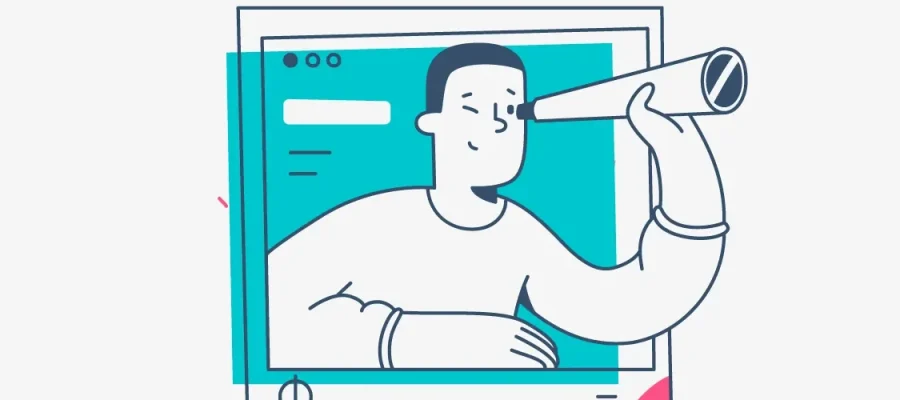 susam A simple illustration of a person emerging from a computer screen, holding a rolled paper to their eye as a telescope, looking to the right. The background is teal, and the style is clean and minimalistic.