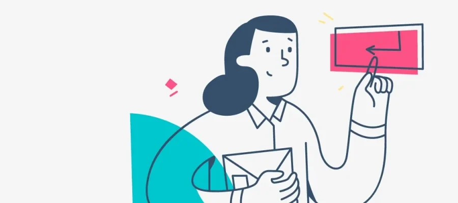 susam A cartoon person with dark hair holds an envelope in one hand and points to a red rectangular sign with a left-pointing arrow on it, suggesting an action or direction. The background is white with simple blue and pink graphic shapes.