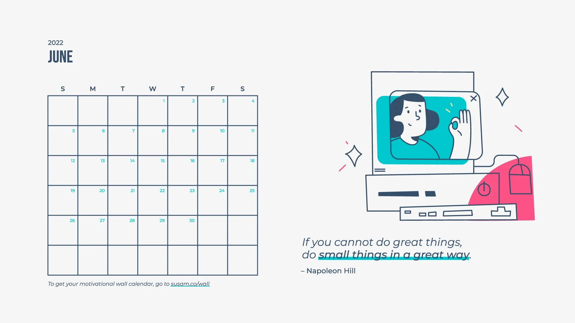 A calendar with an image of a woman on a computer.