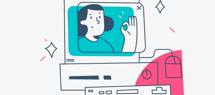 susam A cartoon person waves from a window on a computer screen. Around the screen are stylized computer elements, including a mouse and monitor, with decorative sparkles and geometric shapes in teal, white, and pink hues.