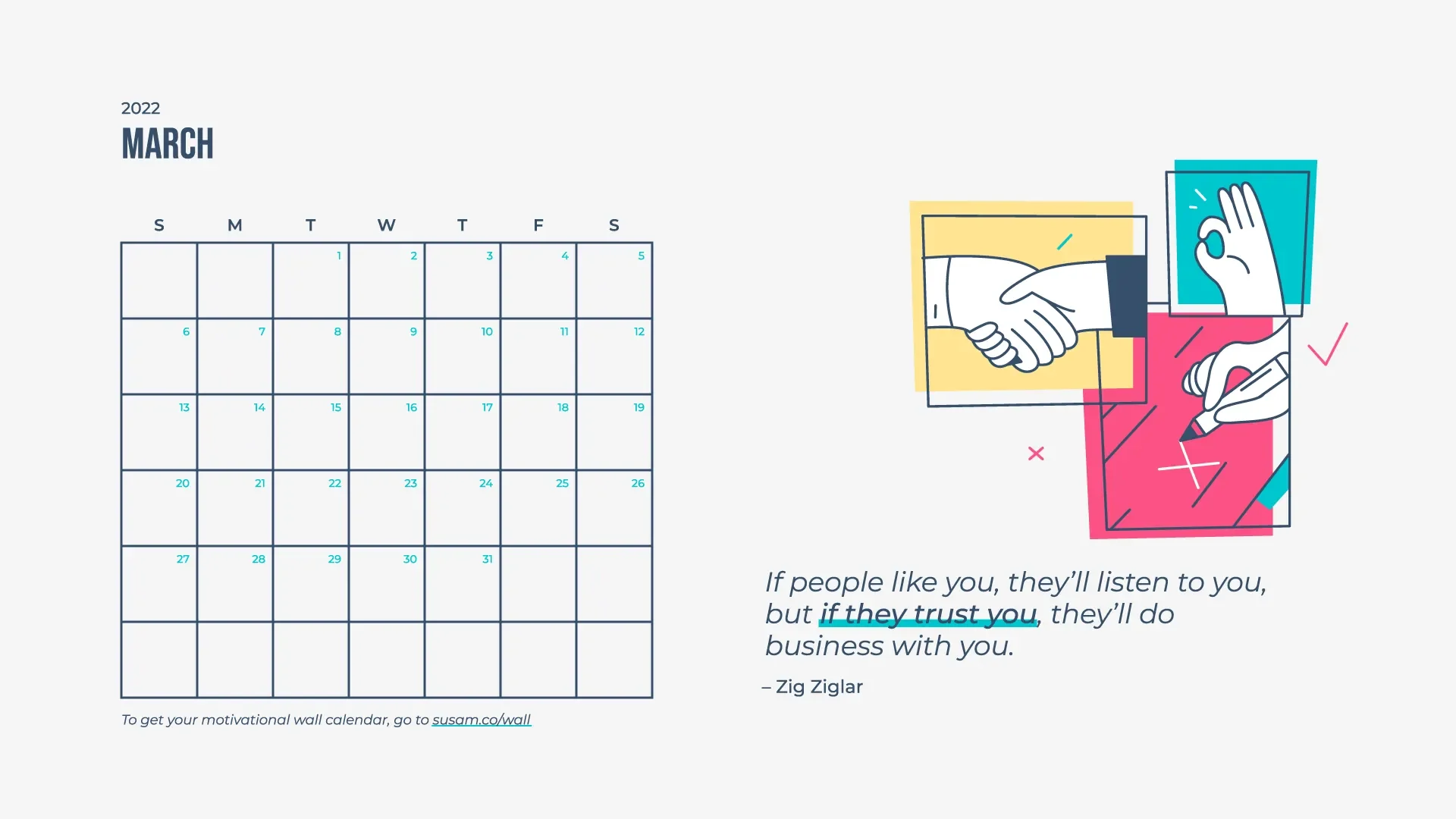 A calendar with an illustration of a business handshake.