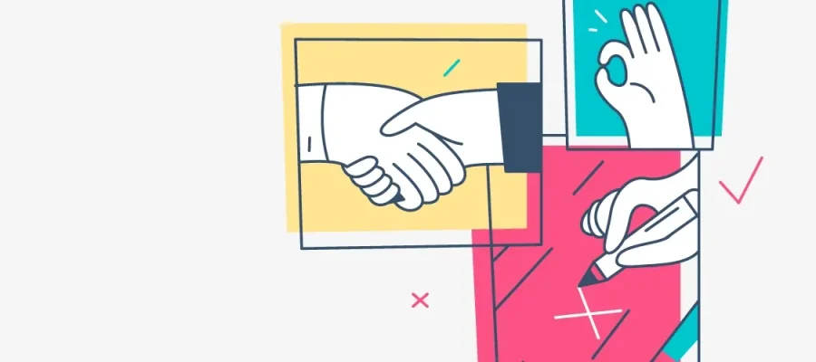 susam Three illustrated boxes: one with a handshake on a yellow background, another with a hand making an "OK" sign on teal, and the third with a hand writing with a pen on red; all outlined in blue with abstract lines and check marks.