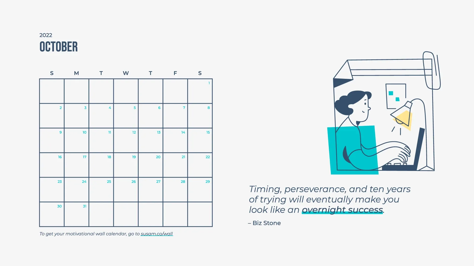 A calendar with an illustration of a person working on a computer.