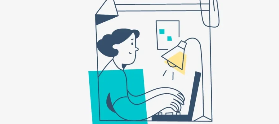 susam Minimalist illustration of a person with short hair sitting at a desk, typing on a laptop. A hanging lamp casts yellow light on the workspace. The scene is outlined in blue and teal, creating a simple, modern workspace vibe.