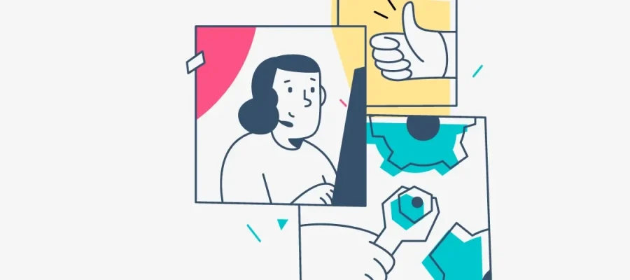 susam A cartoon-style illustration shows a worried woman looking at a computer, a hand giving a thumbs-up, and another hand adjusting gears. The images are arranged in a collage-like layout with bright, abstract background accents.