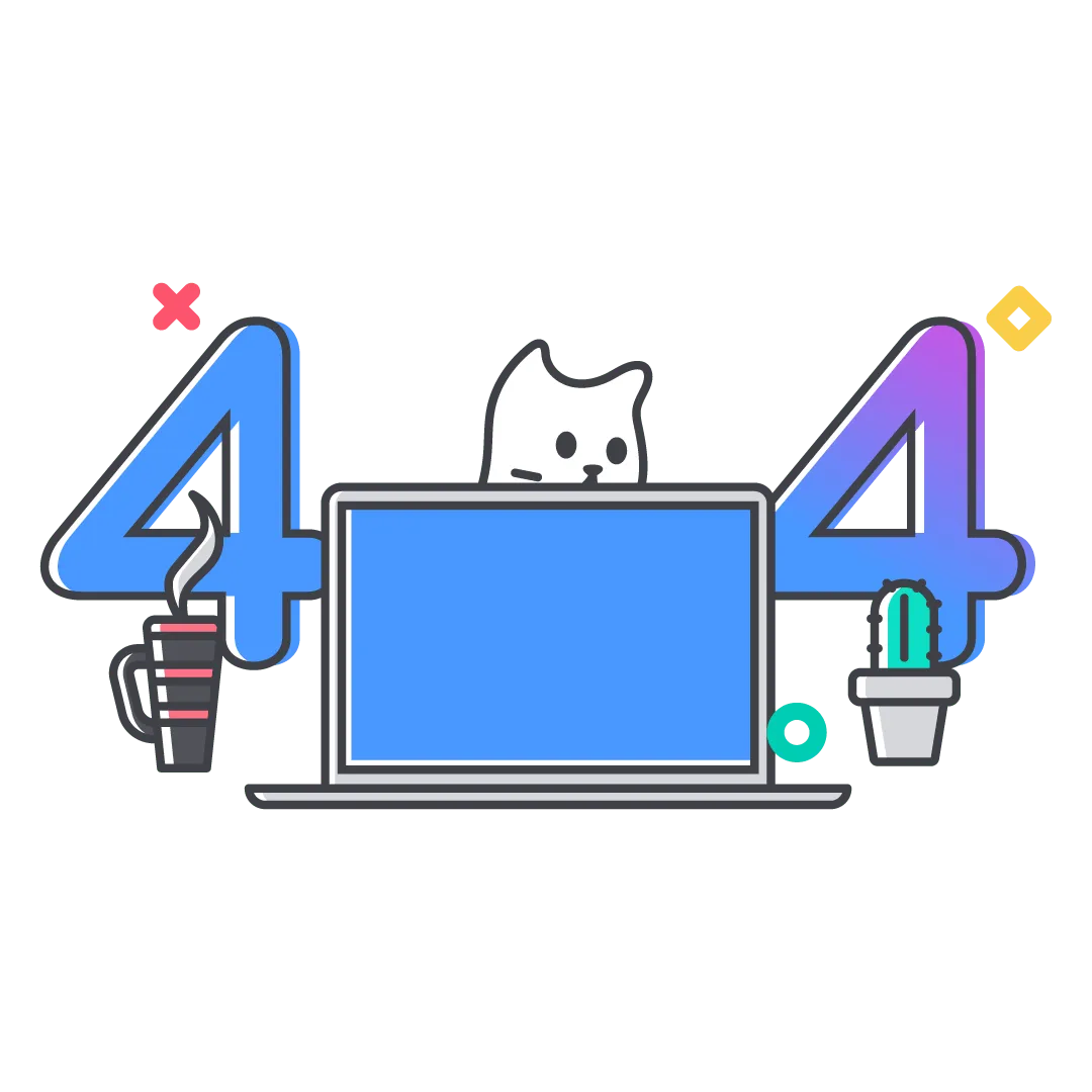 A white cat sitting behind a laptop with a cup of coffee on the left and a cactus on the right. 404 is behind this scene.