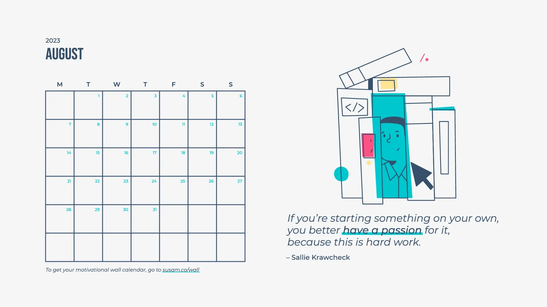 A calendar with an illustration of a man holding a book.