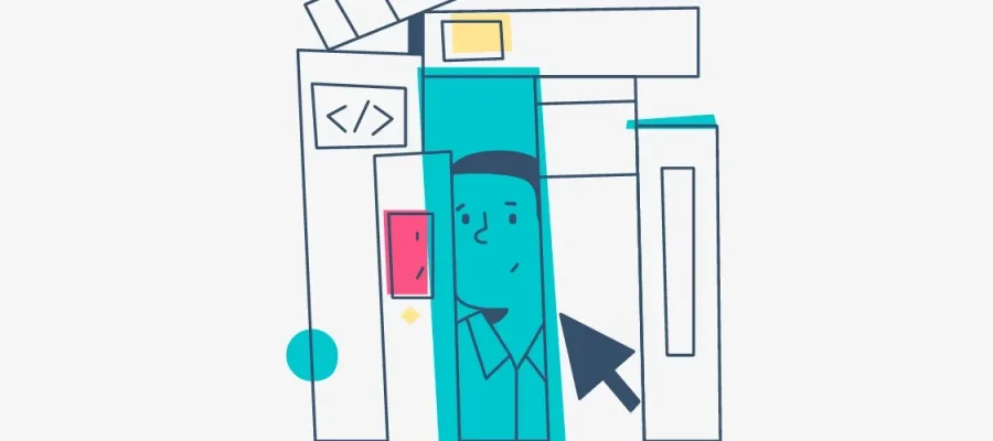 susam Stylized illustration of a person in business attire standing in front of geometric shapes resembling books, files, and a code symbol, suggesting technology or programming. The color scheme is mostly teal, blue, and red against a white background.