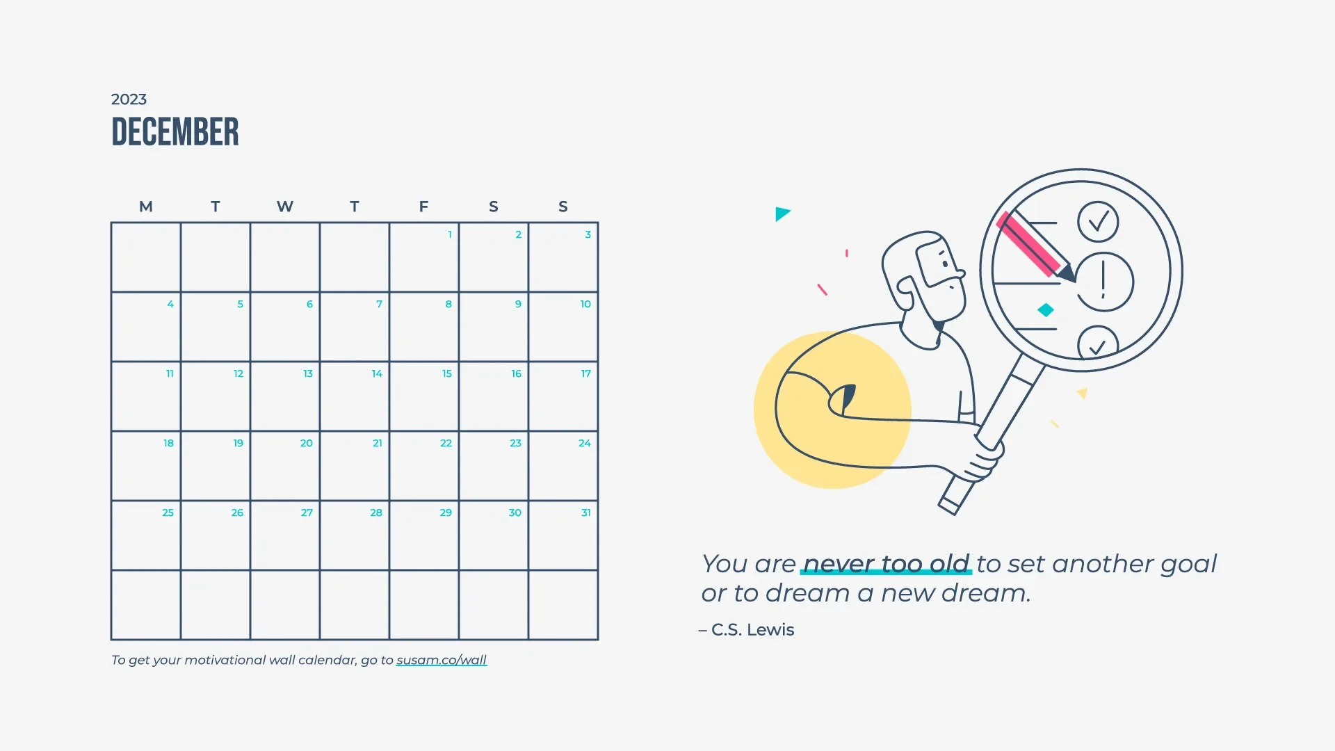 A calendar with a man holding a magnifying glass.