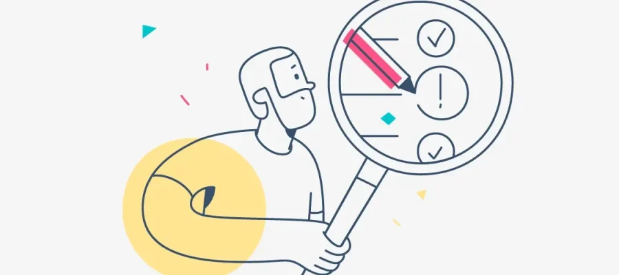 susam Illustration of a person holding a large magnifying glass. Inside the magnifying glass are three symbols: a checkmark, an exclamation mark, and an empty circle. The person stands in front of a yellow half-circle, with confetti shapes around them.