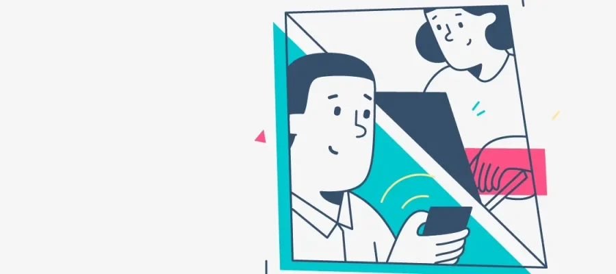 susam Minimalist illustration of two people video chatting. A man at the bottom holds a phone, while a woman at the top looks at her screen, partially divided by a diagonal line. The background uses teal and white, with geometric shapes for a modern feel.