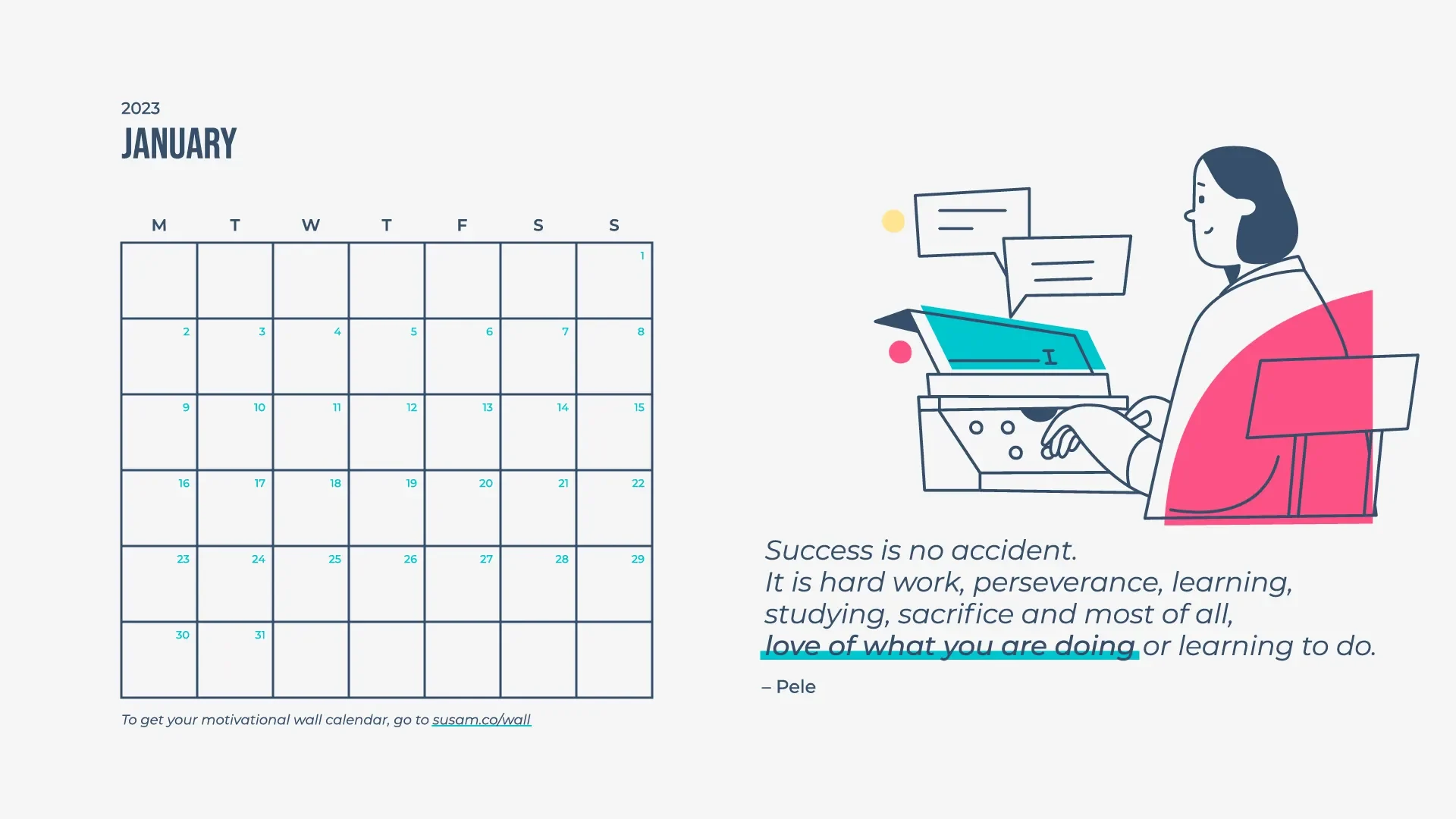 An illustration of a calendar with a woman sitting at a desk.