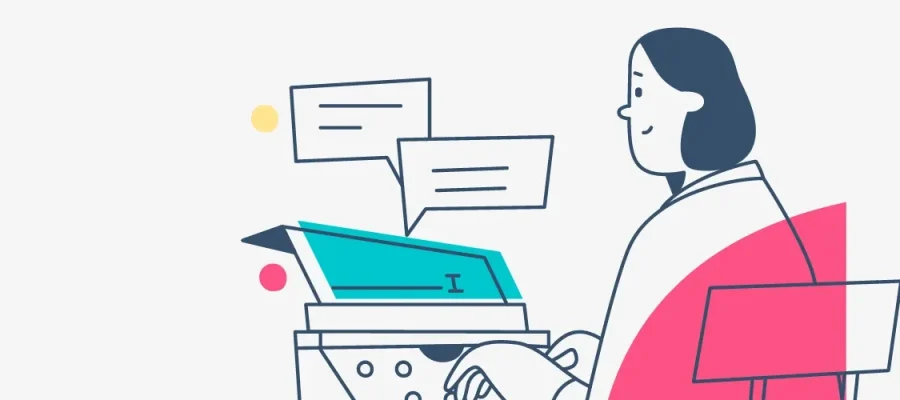 susam Illustration of a person with shoulder-length dark hair sitting at a desk and typing on a typewriter. Two speech bubbles with lines indicating text appear above the typewriter. The background is light with simple colored dots and shapes.