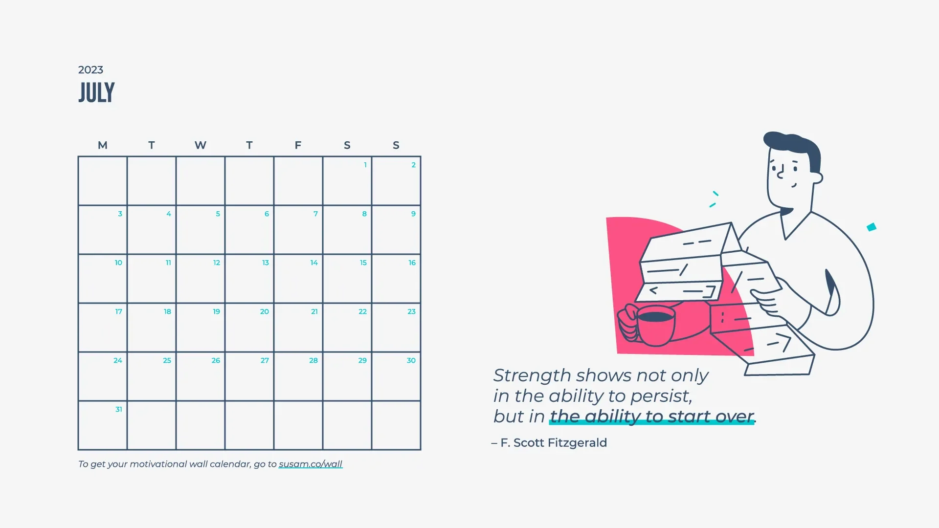 A calendar with an illustration of a man holding a book.