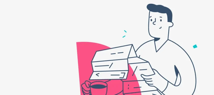 susam A minimal illustration of a person with short hair holding two large envelopes. The person is near a red coffee mug and a stack of mail, set against a white background with light blue accent shapes.