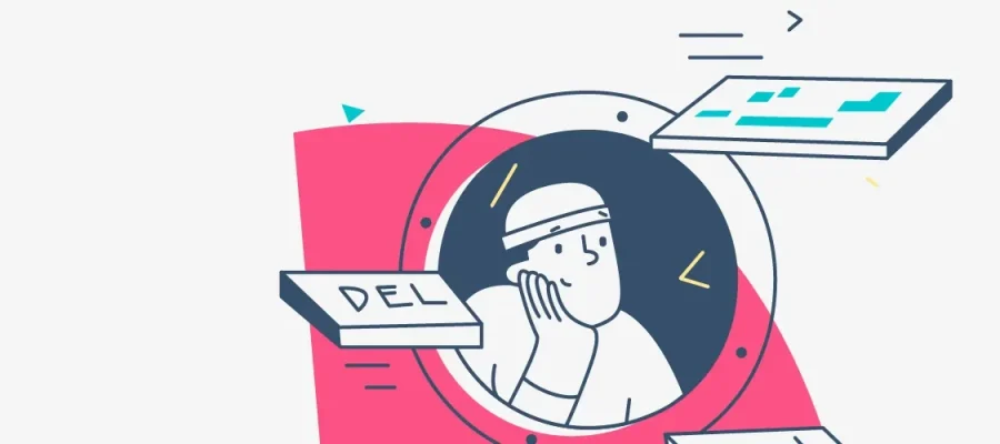 susam A cartoon person in a hard hat looks thoughtful, surrounded by floating keyboard keys and screens, inside a circular frame with pink, yellow, and blue geometric accents on a light background.