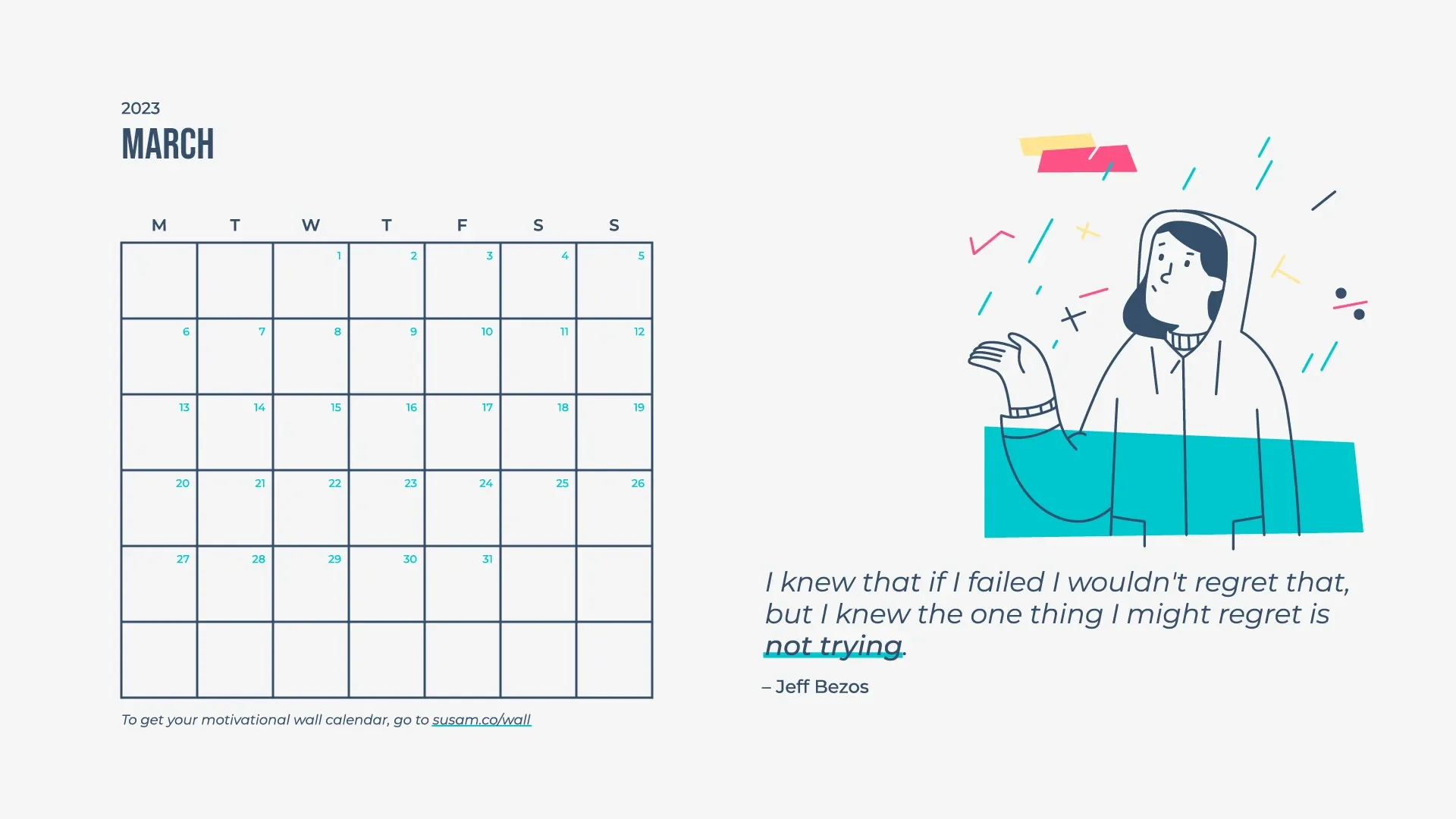 A calendar with an illustration of a woman holding an umbrella.