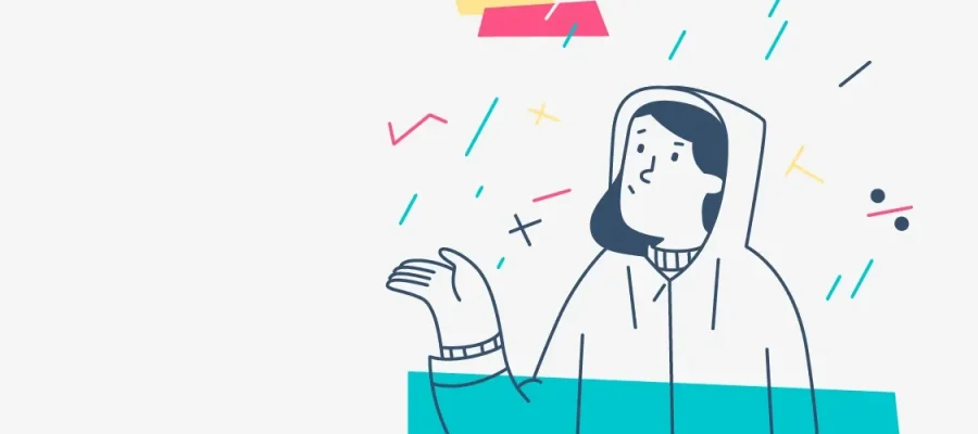 susam A simple illustration of a person in a hooded raincoat holding out their hand as if feeling for rain. The background features abstract colorful shapes and lines representing rain. The person has a neutral expression and short, dark hair.
