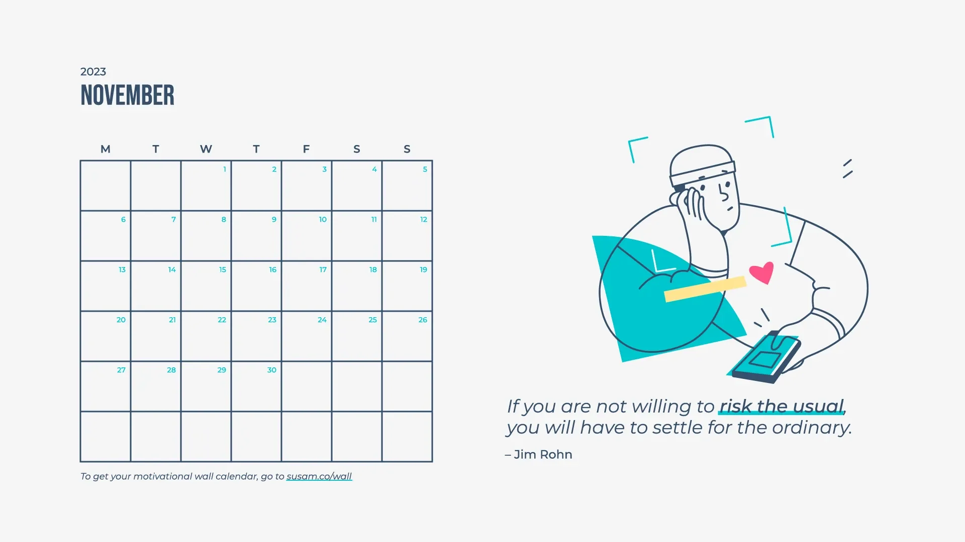 A calendar with an illustration of a man holding a phone.