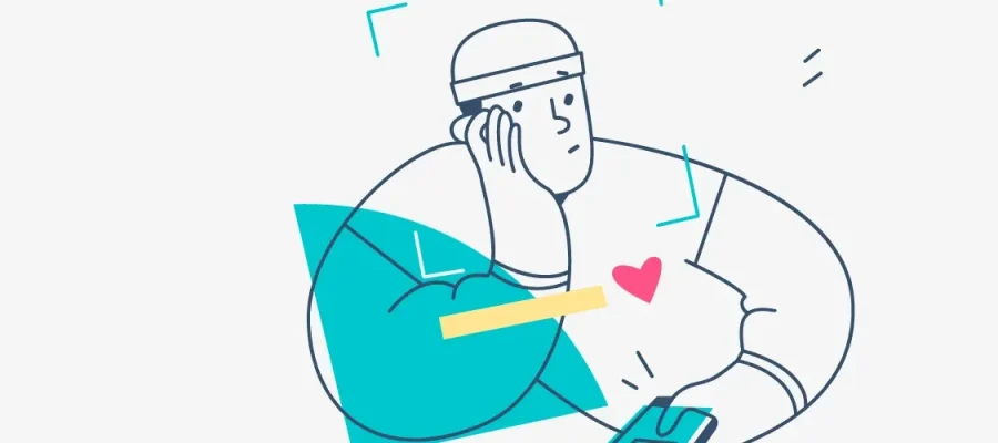 susam A minimal line drawing of a person resting their head on one hand, looking tired or bored. Their other arm, bent, holds a phone. A pink heart and abstract blue and yellow shapes decorate the image, enhancing the contemplative mood.