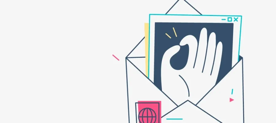susam Minimalist illustration of an open envelope containing a photo of a hand making an OK gesture. The design uses simple lines and geometric shapes with pops of red, yellow, and blue on a white background.