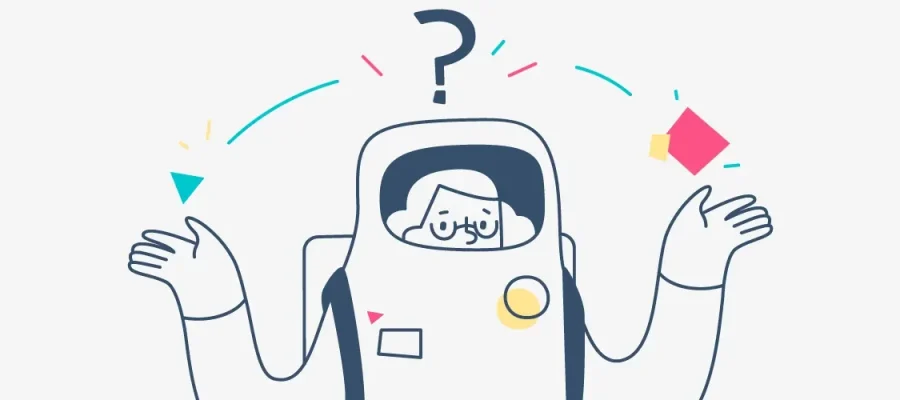 susam A cartoon astronaut shrugs with both hands raised, a question mark above their helmet. Colorful geometric shapes surround the figure, suggesting confusion or curiosity. The background is plain and light.