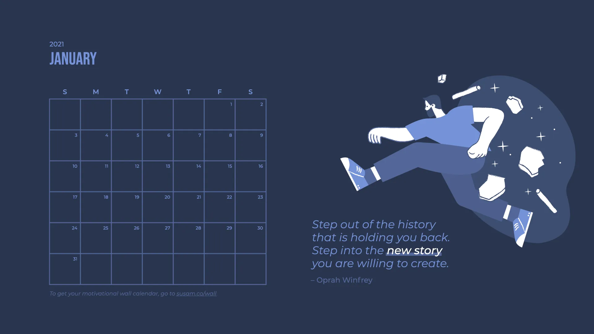 January 2019 calendar with an illustration of a man running.