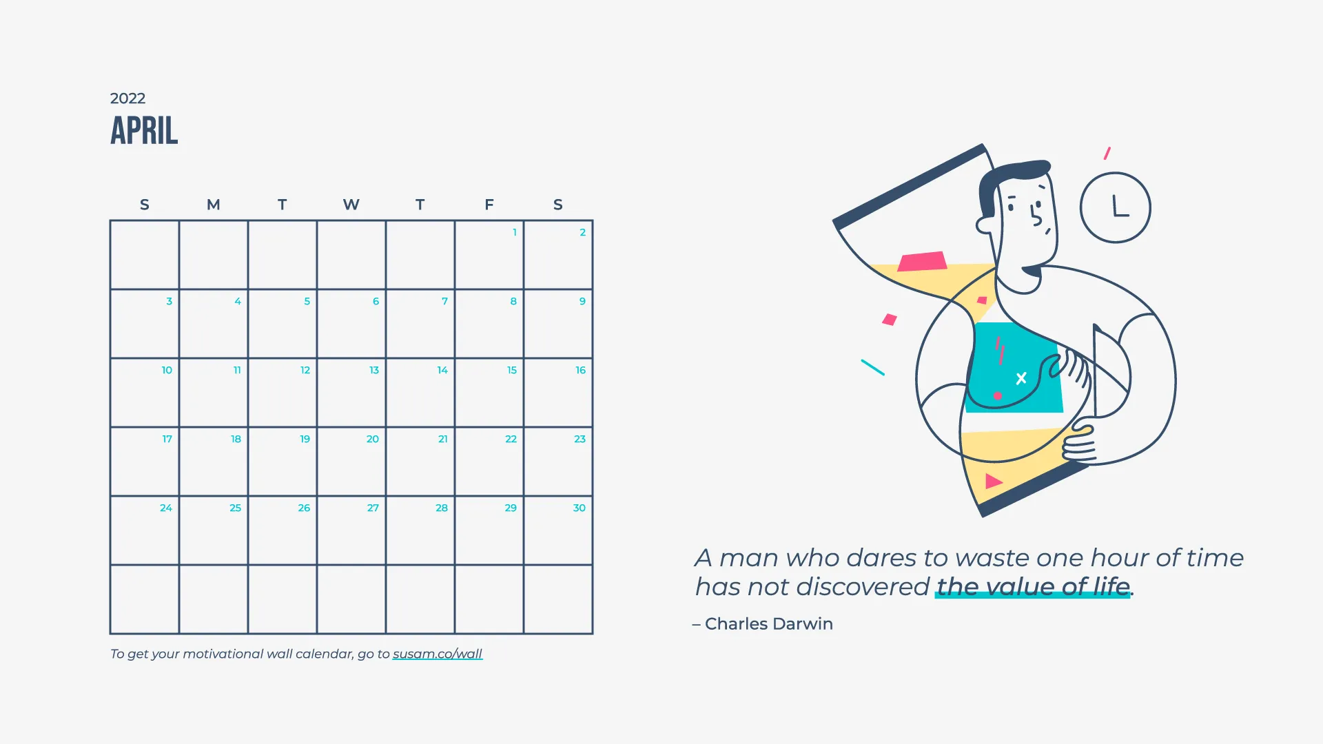 A calendar with an illustration of a man holding a phone.