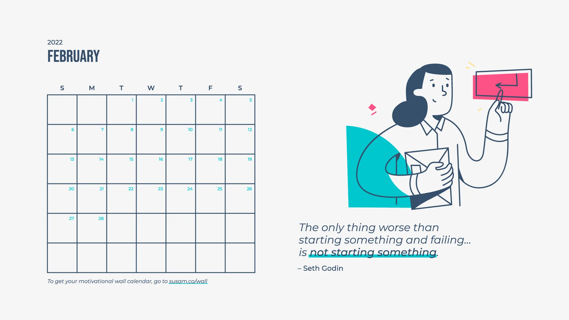 A calendar with an illustration of a woman holding a phone.