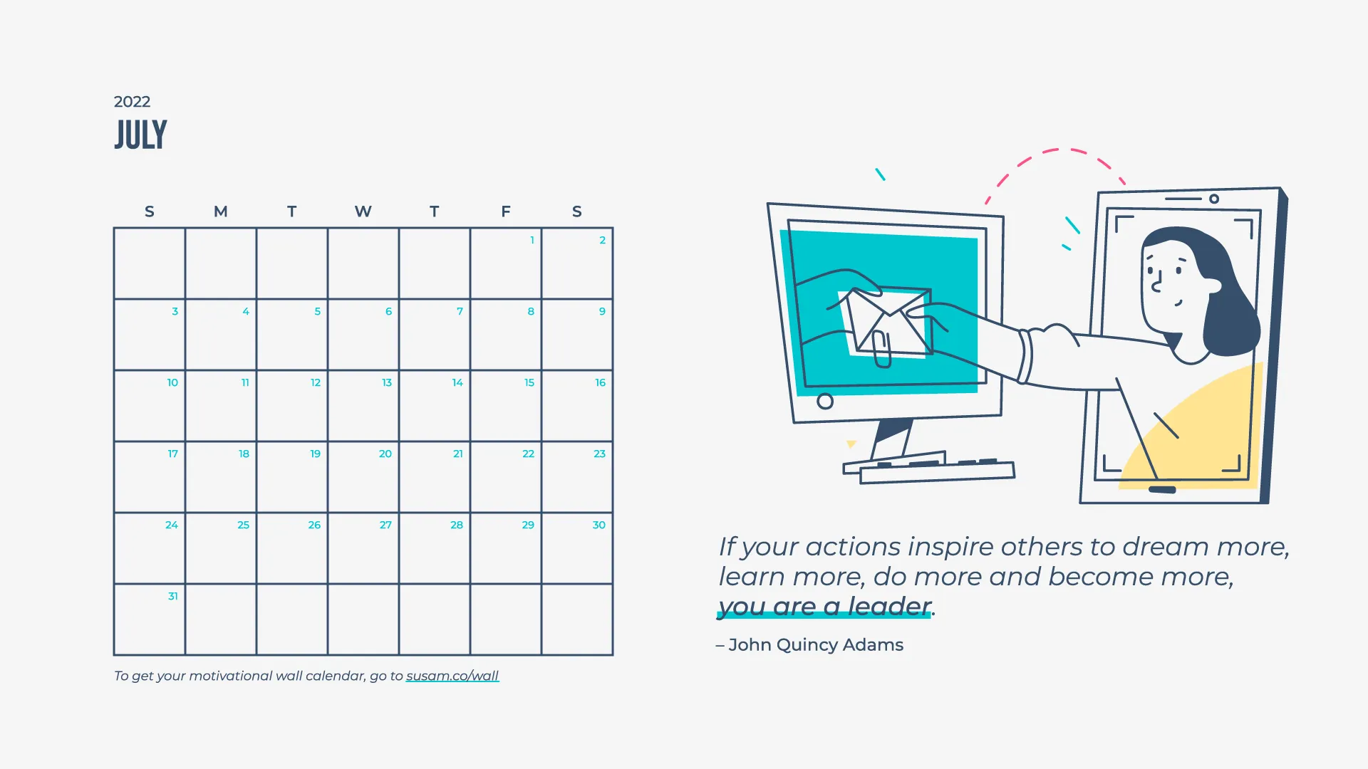 A calendar with an illustration of a woman using a computer.