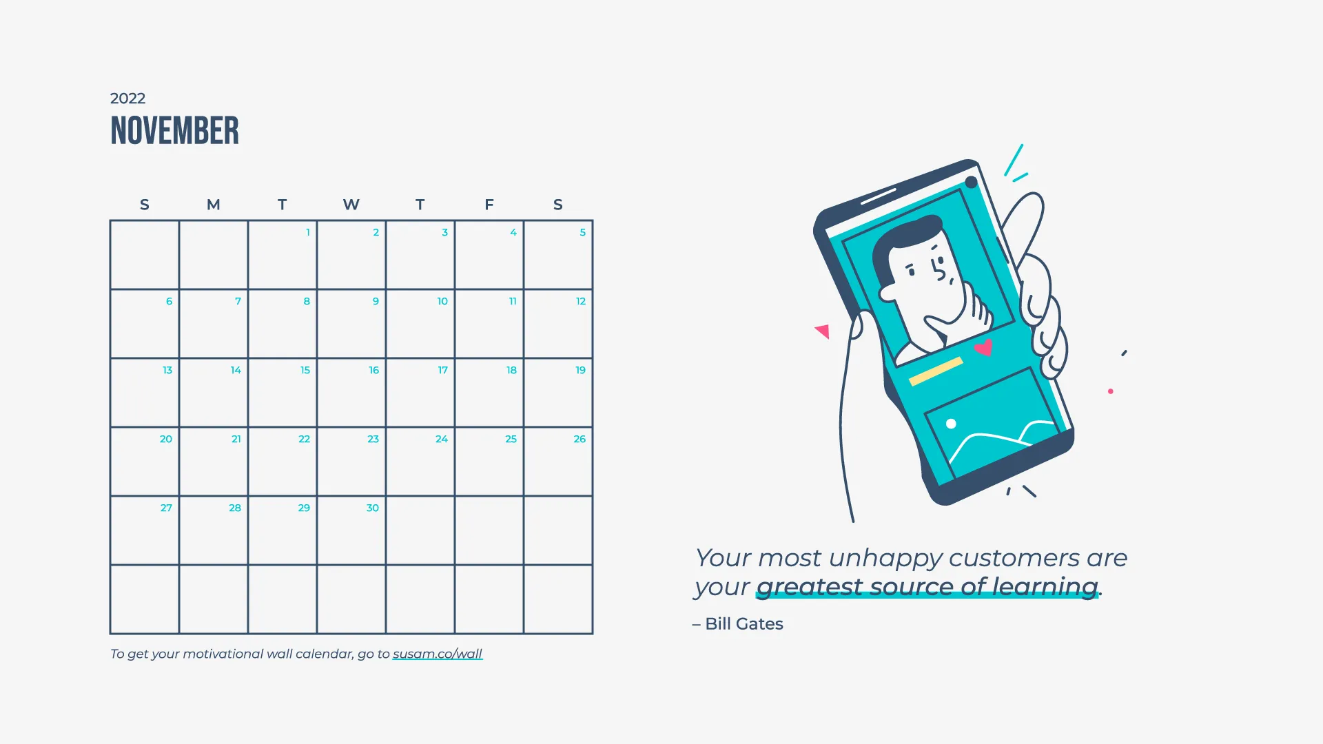A calendar with an image of a person holding a phone.