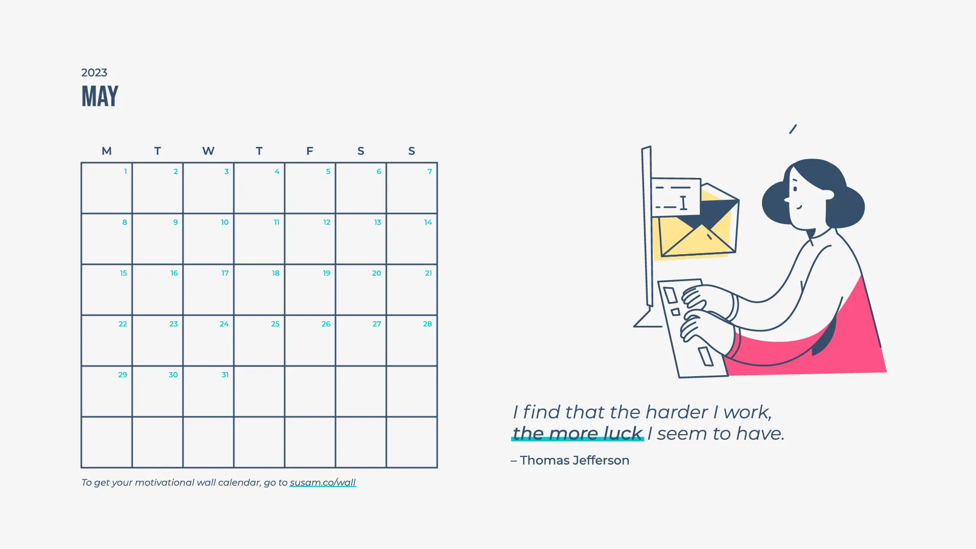 A calendar with an illustration of a woman working on a computer.