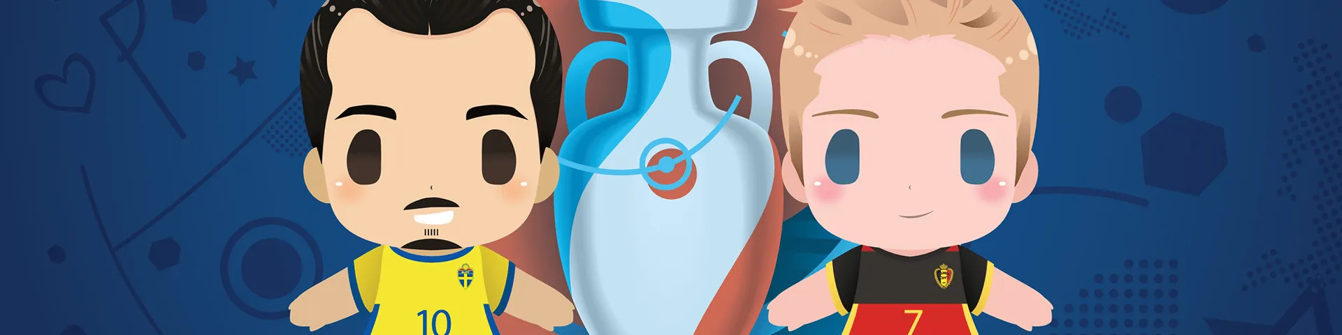 Chibi versions of Zlatan Ibrahimovic and Kevin De Bruyne standing, and between them is the Euro 2016 Cup.