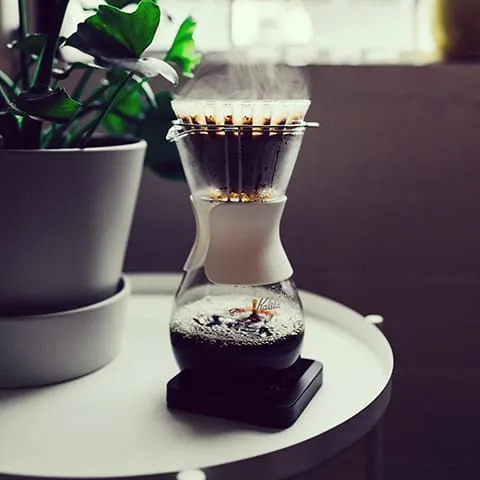 A coffee maker sitting on a table next to a plant.