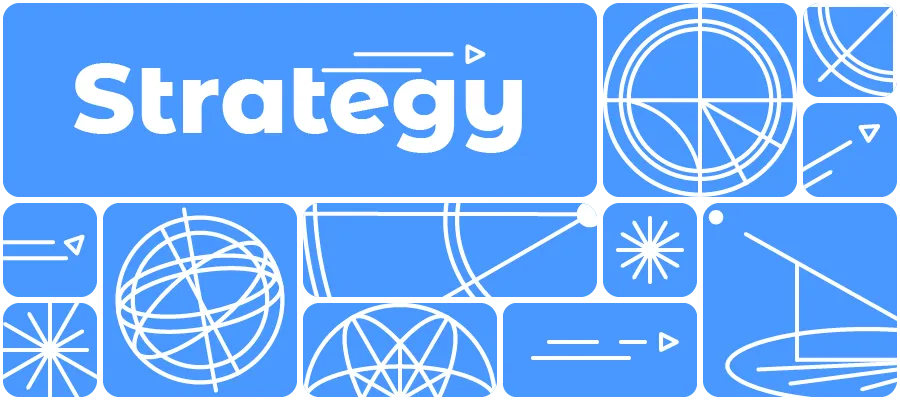 susam Blue geometric graphic with the word "Strategy" in bold white text. Various circular and linear designs surround the text.