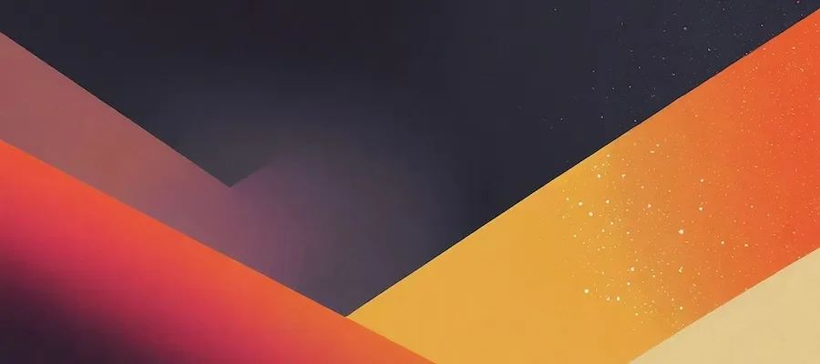 susam Abstract digital artwork featuring bold, angular shapes in gradients of orange, yellow, and deep purple. The composition has a sharp, zigzag pattern, with the right side splattered with white specks, evoking a modern, cosmic or sunset-inspired feel.