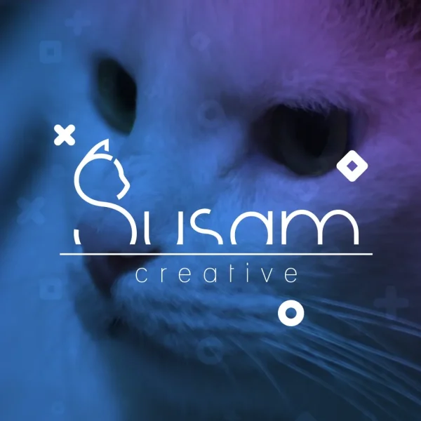 A cat's head with a blue and purple background.