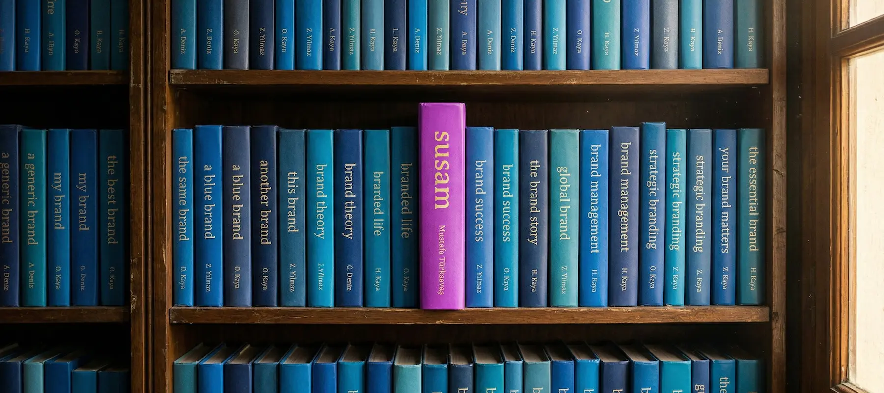 Row of blue book spines on a shelf with one purple spine that your eye goes to immediately — what happens when every SaaS brand chooses blue