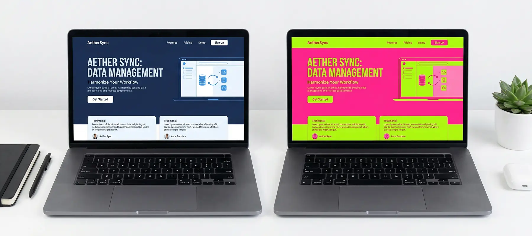 Two identical SaaS layouts side by side — calm blue tones versus clashing neon — showing how color changes perception before you read a word