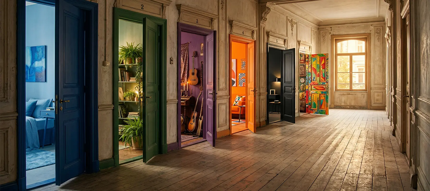 Six differently colored doors in a hallway — each color sets a different emotional expectation before you walk through