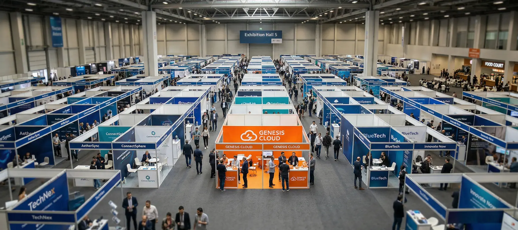 Aerial view of exhibition booths mostly in blue with one orange stand that immediately catches the eye — how SaaS brand colors compete in a crowded market