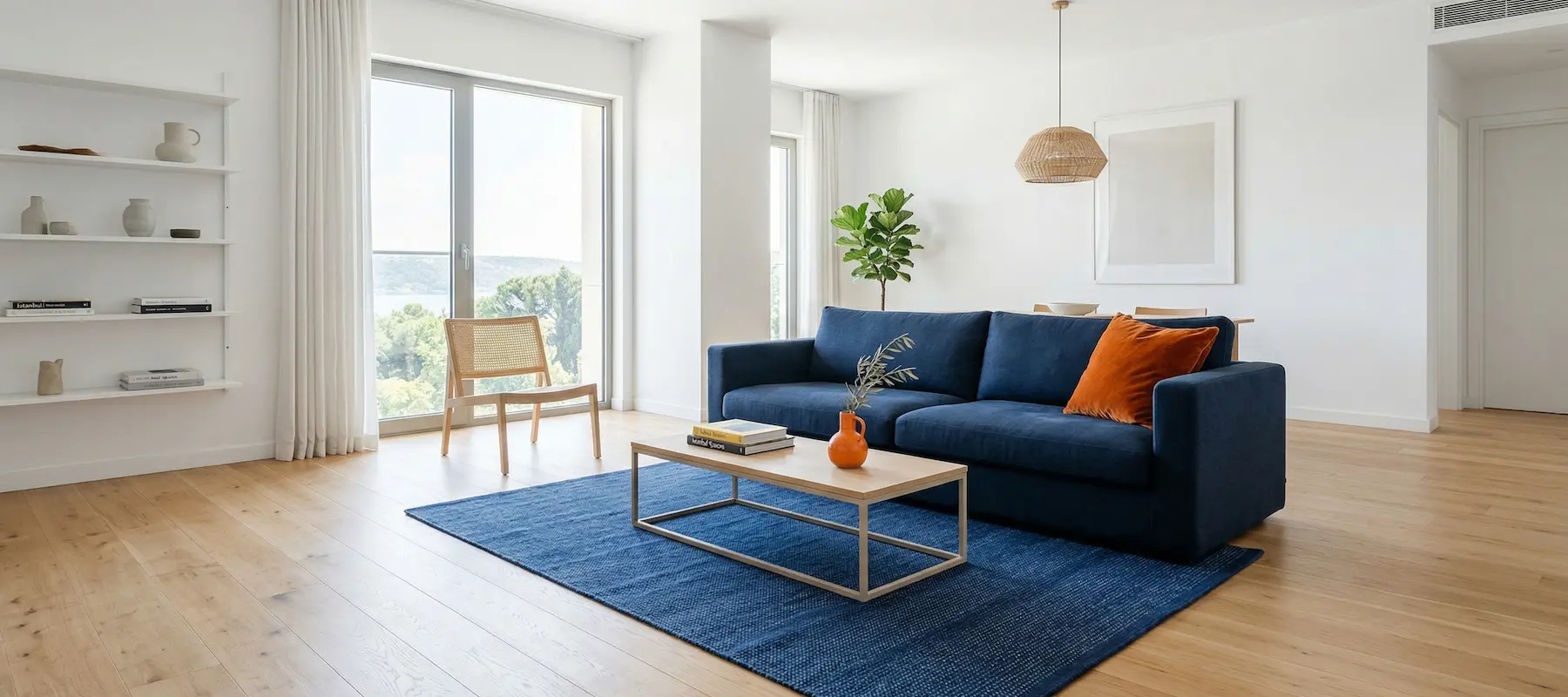 Minimalist room demonstrating the 60-30-10 color rule — white walls dominate, blue furniture anchors, one orange accent draws focus