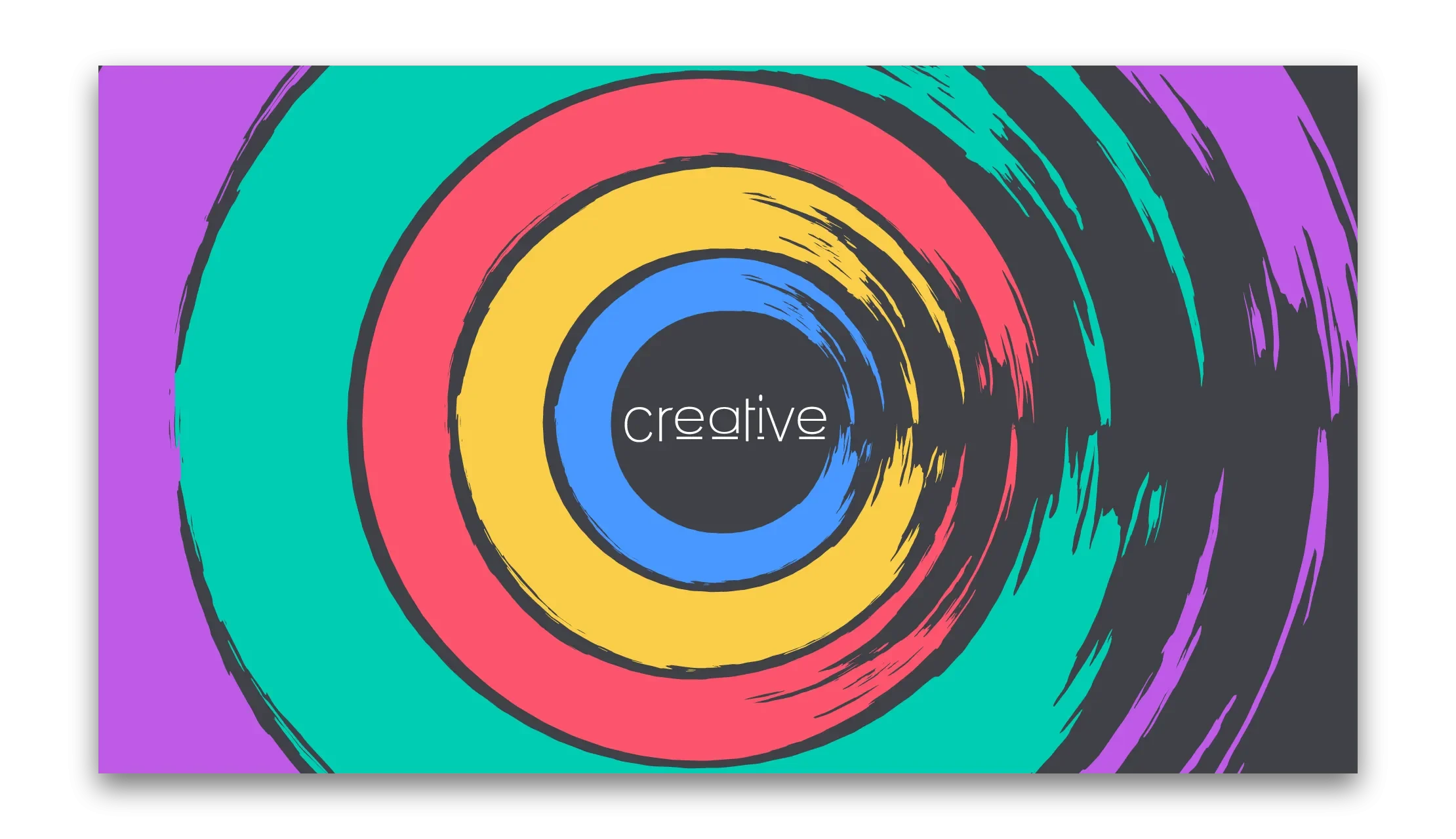 susam A digital image features concentric circles in teal, yellow, blue, and pink on a black background. In the center, the word creative is written in lowercase white letters.