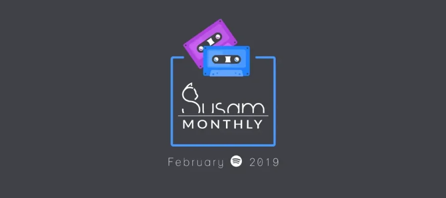 susam Minimalist graphic with two cassette tapes, one purple and one blue, above a square outline framing the word "Suisum MONTHLY.” Below, it says “February 2019” with the Spotify logo, all on a dark gray background.